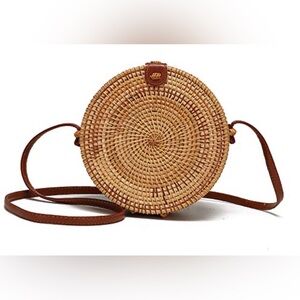 Round Woven Tan Crossbody Bag